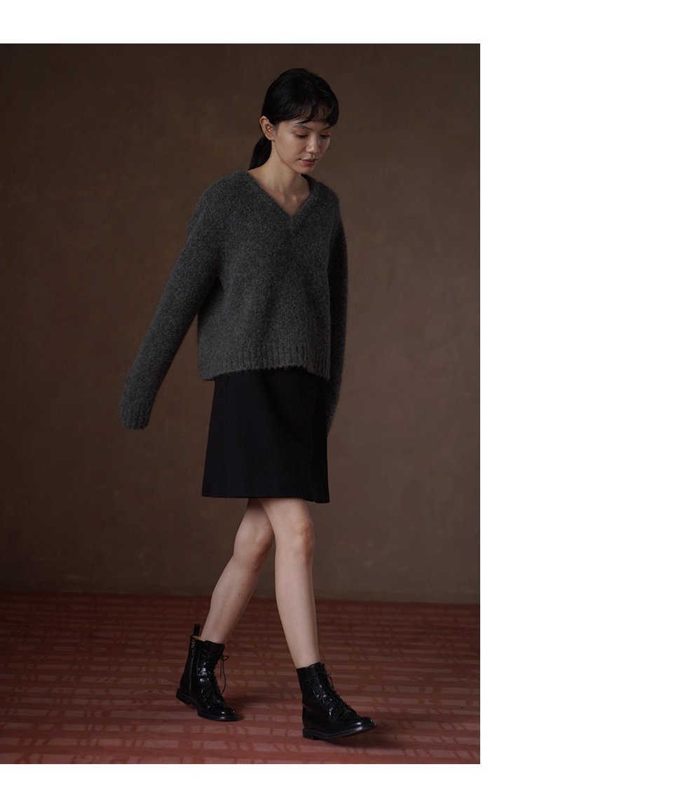 溫柔蓬鬆雜花灰毛衣馬海毛綿羊毛混紡寬鬆V領落肩上衣女