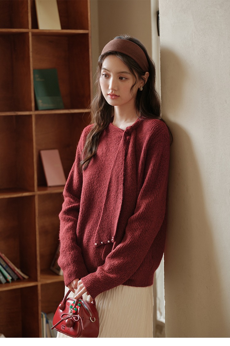 聖誕穿搭紅色毛衣女秋冬綁帶針織衫,聖誕穿搭紅色毛衣女秋冬綁帶針織衫,HBEW1954,聖誕穿搭紅色毛衣女秋冬綁帶針織衫,聖誕穿搭,立體綁帶