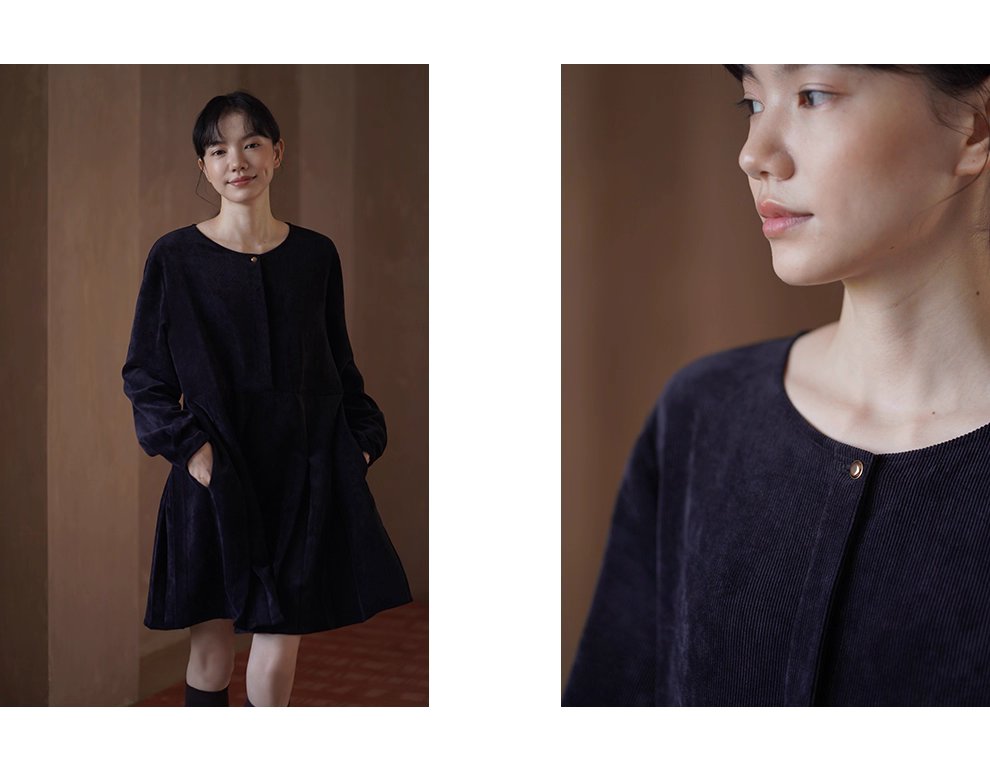 復古暖調絨面細密豎條燈芯絨寬鬆微A版型金扣顯瘦洋裝