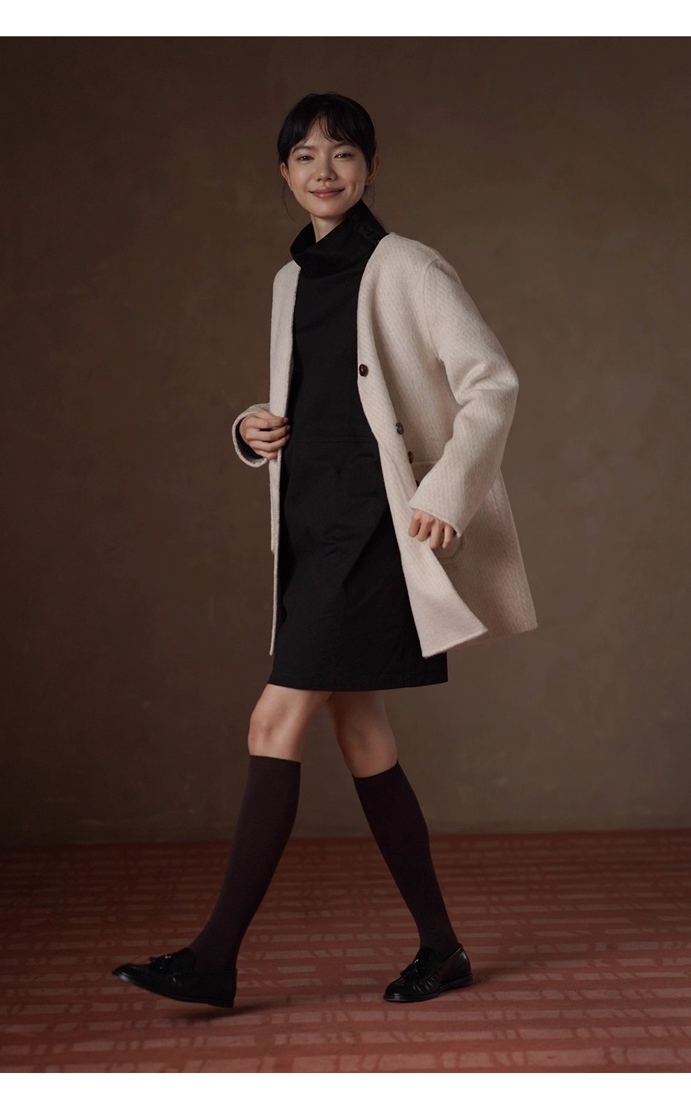 秋冬新款弗里達學院可調式紐扣高領寬鬆100棉連身裙女