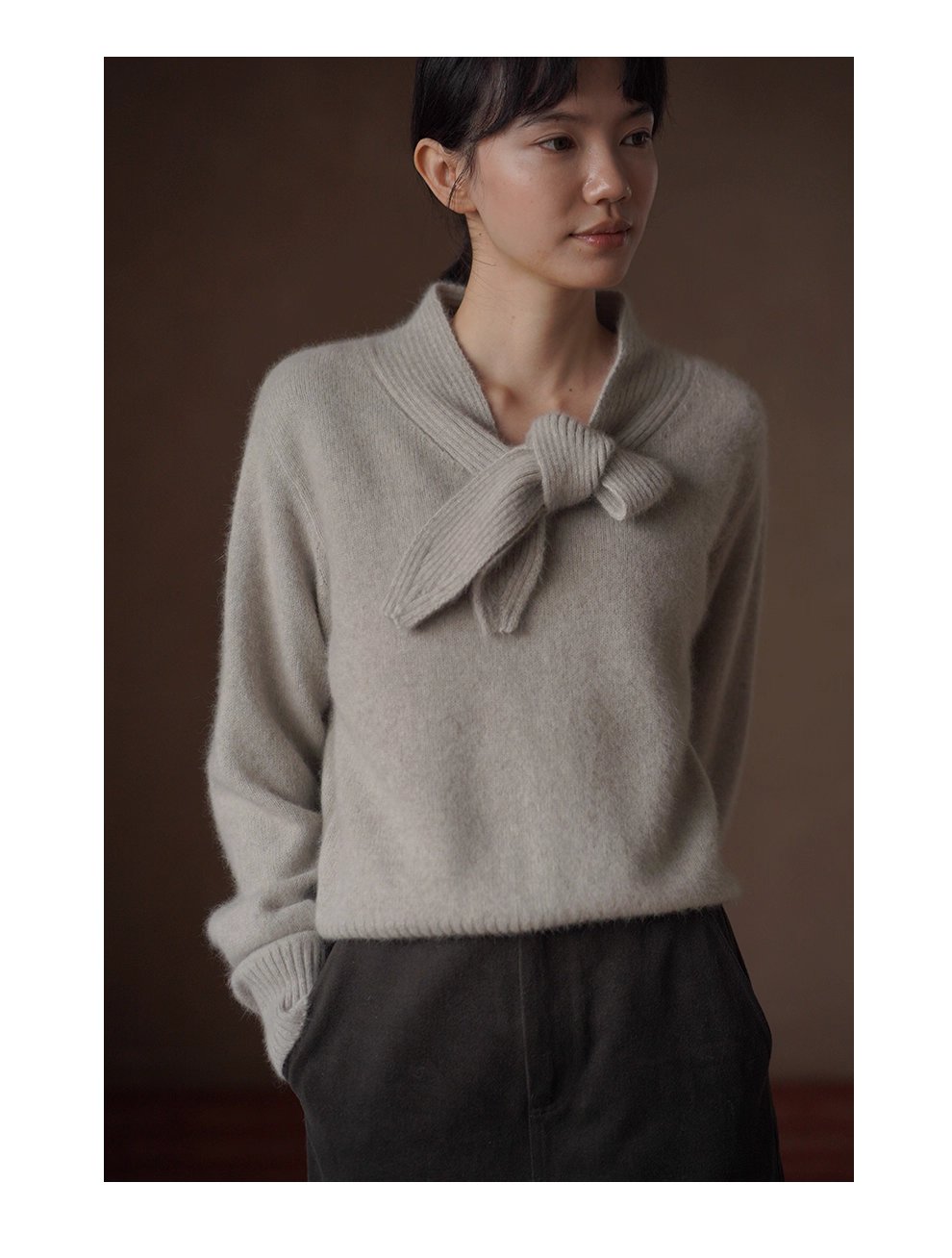 靜謐月光羊毛柔和混紡紗線領結設計感坑條顯瘦寬鬆毛衣