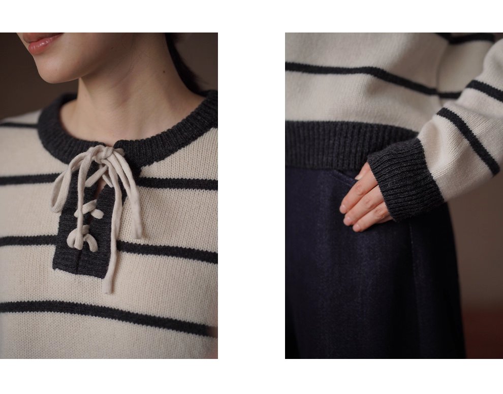 復古水手條紋上衣軟糯100羊毛綁帶門襟設計寬鬆顯瘦毛衣