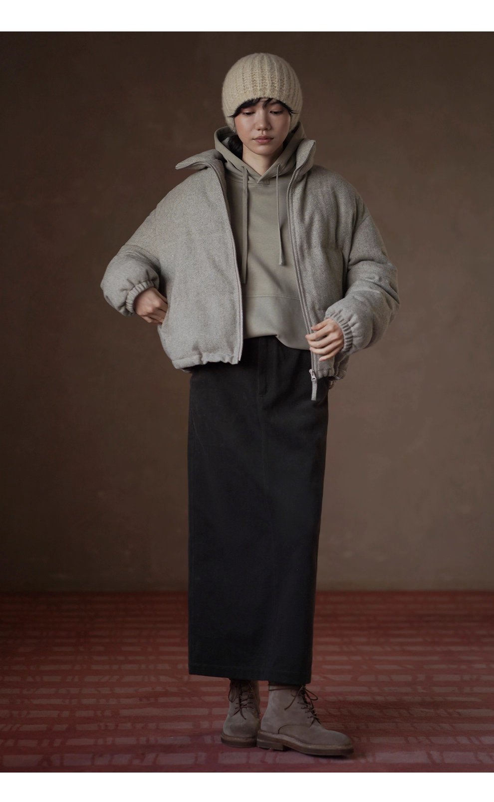 冬日盧森堡保暖外套羊毛夾花人字紋加厚短款休閒棉服女