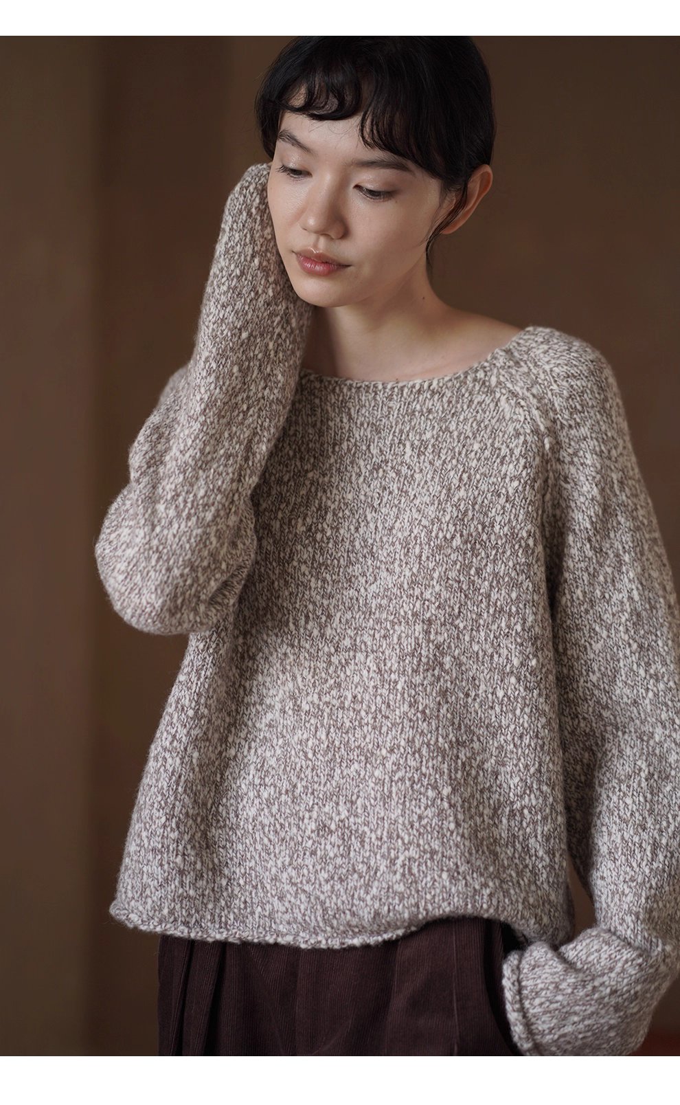 拉花肌理感雜色羊毛豆豆紗寬鬆顯瘦船領休閒捲邊毛衣女