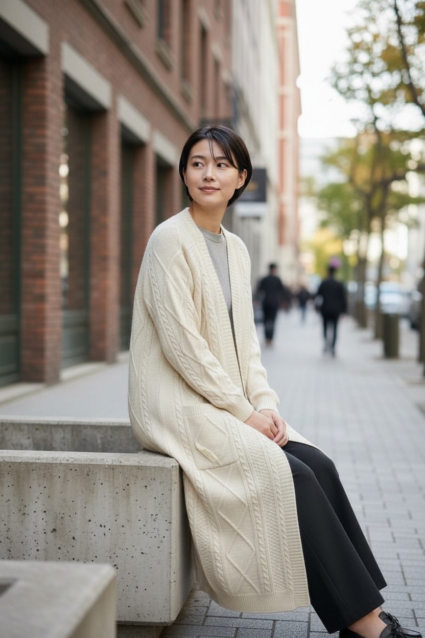 長款針織開衫菱格扭花毛衣外套寬鬆高級感,長款針織開衫菱格扭花毛衣外套寬鬆高級感,5W165020,長款針織開衫菱格扭花毛衣外套寬鬆高級感,慵懶風格,簡約質感