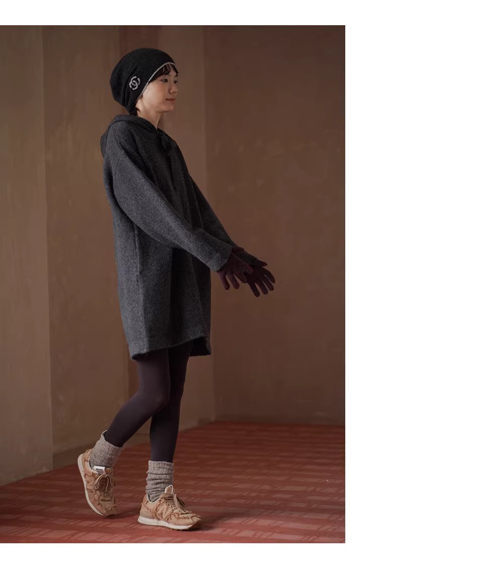 柔軟蓬鬆水洗拉毛工藝羊毛混紡連帽寬鬆顯瘦針織洋裝