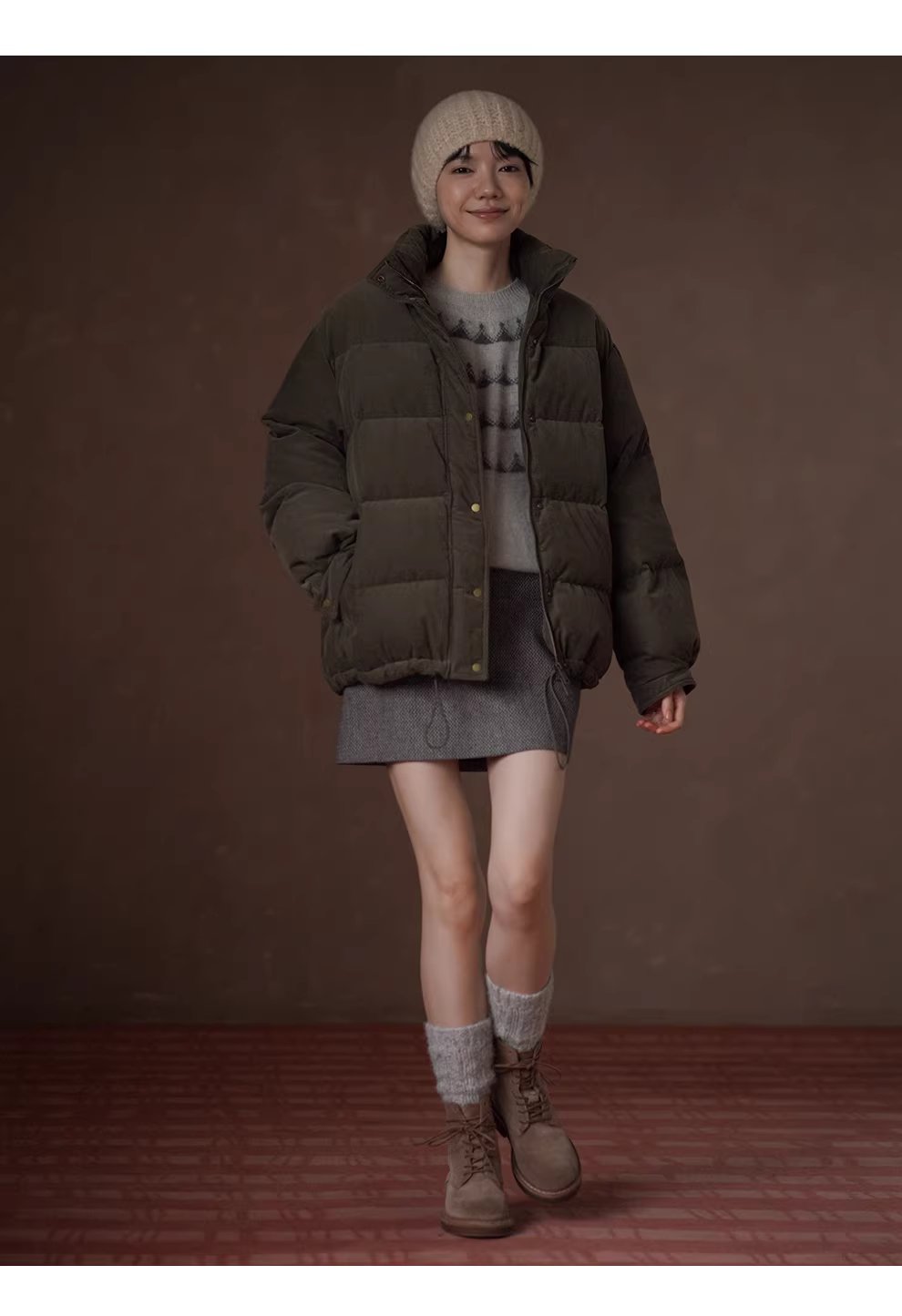 復古費爾島提花氛圍感柔軟羊毛浣熊混紡圓領寬鬆毛衣女