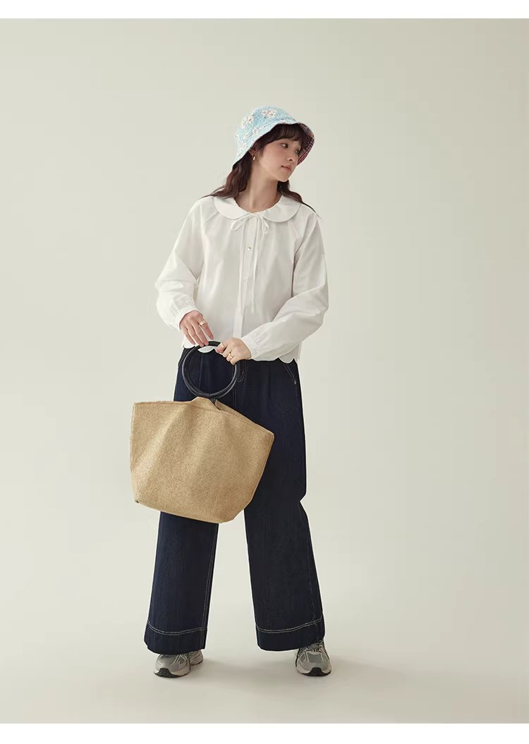 少女感蕾絲娃娃領襯衫女25冬季新款白色長袖上衣,HBEW1142,少女感蕾絲娃娃領襯衫女25冬季新款白色長袖上衣,娃娃領,花瓣衣襬,細節滿分