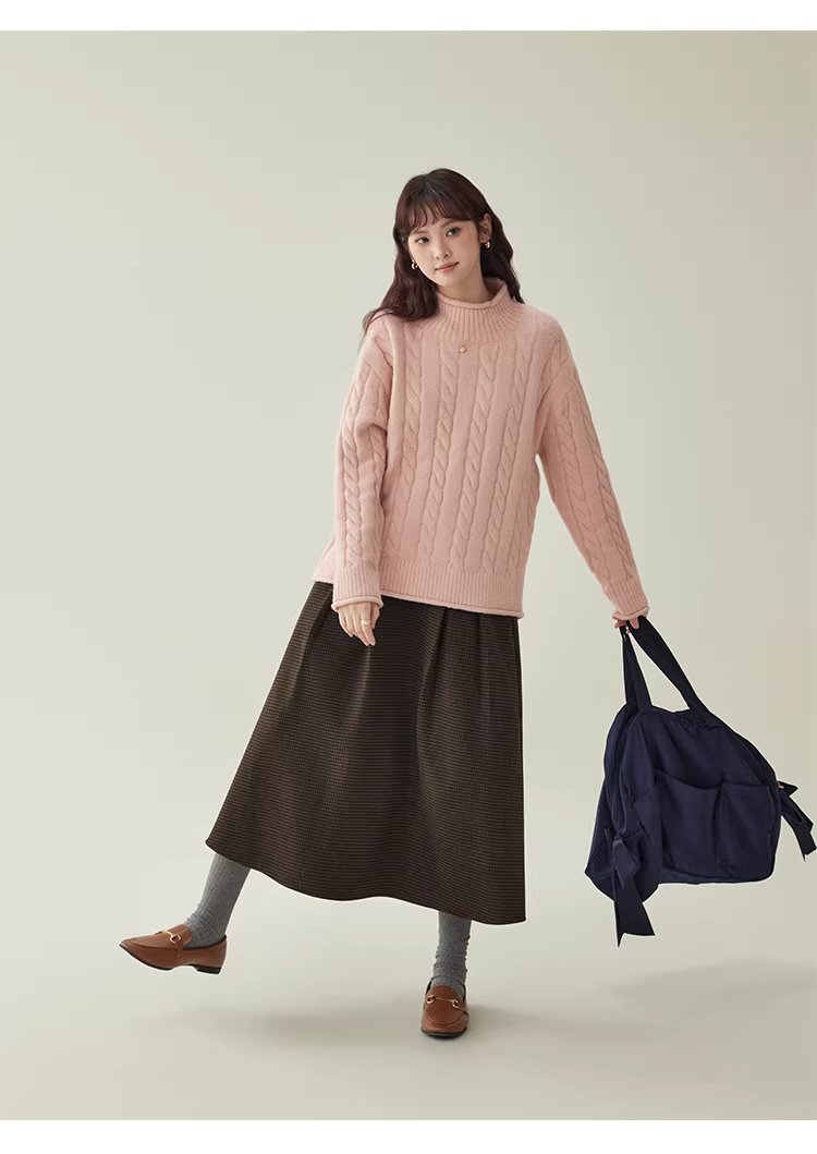 減齡粉紅高領麻花毛衣女25冬季新款捲邊長袖上衣,減齡粉紅高領麻花毛衣女25冬季新款捲邊長袖上衣,HBEW1146,減齡粉紅高領麻花毛衣女25冬季新款捲邊長袖上衣,高領毛衣,麻花針織