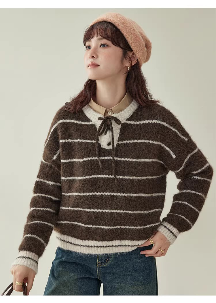 撞色條紋綁帶圓領羊毛毛衣女冬季新款甜美落肩袖上衣,撞色條紋綁帶圓領羊毛毛衣女冬季新款甜美落肩袖上衣,HBEW1155,撞色條紋綁帶圓領羊毛毛衣女冬季新款甜美落肩袖上衣,綁帶衣領,羊毛混紡