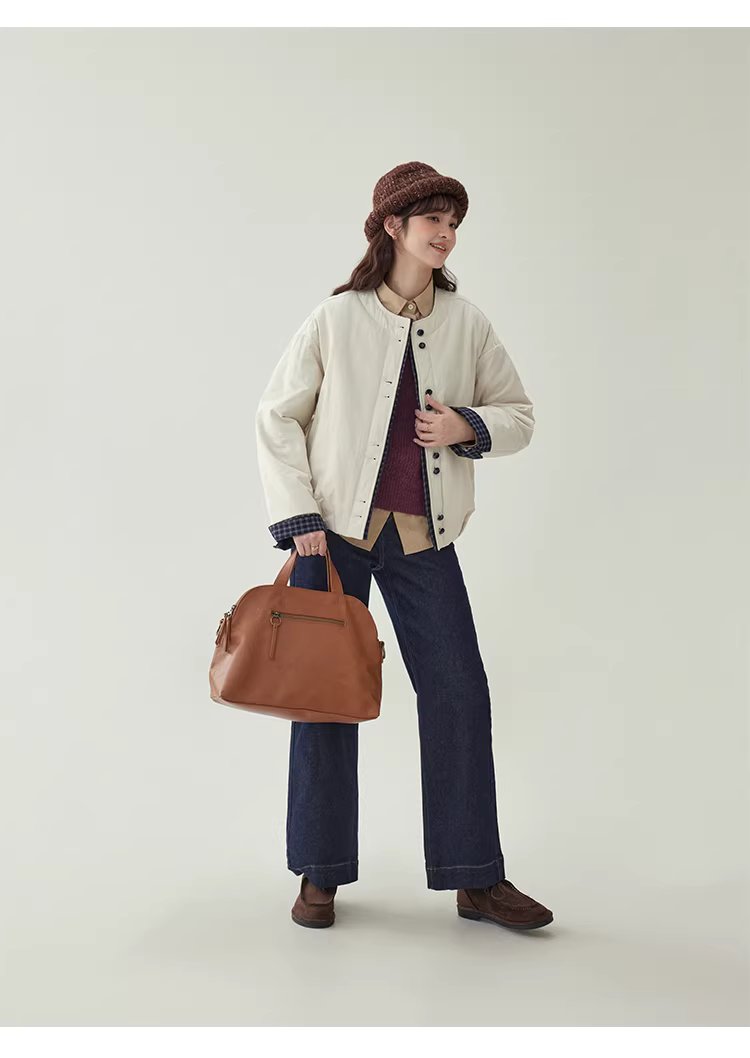 撞色單排扣落肩長袖保暖棉服外套女冬季寬鬆圓領上衣,撞色單排扣落肩長袖保暖棉服外套女冬季寬鬆圓領上衣,HBEW5129,撞色單排扣落肩長袖保暖棉服外套女冬季寬鬆圓領上衣,圓領排扣,格紋拼接