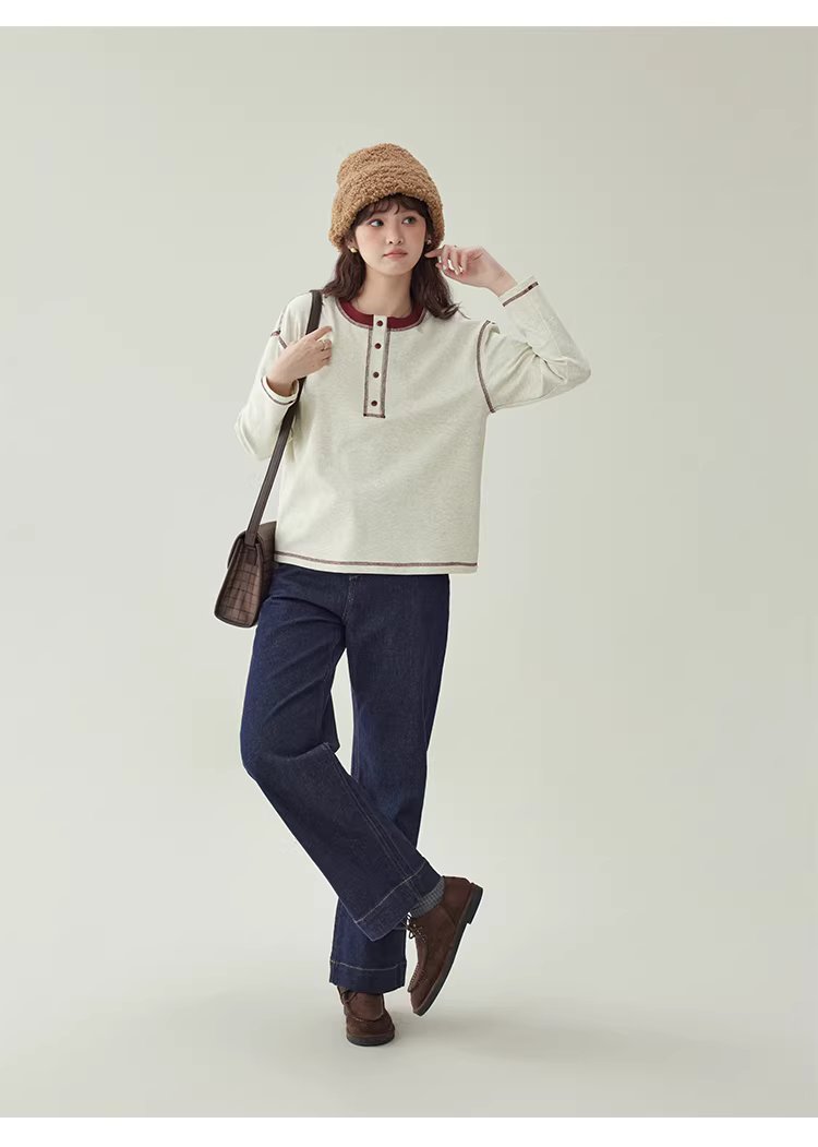 撞色反線落肩袖T恤女冬季新款半開扣圓領上衣,撞色反線落肩袖T恤女冬季新款半開扣圓領上衣,HBEW1192,撞色反線落肩袖T恤女冬季新款半開扣圓領上衣,半開排扣,舒適面料