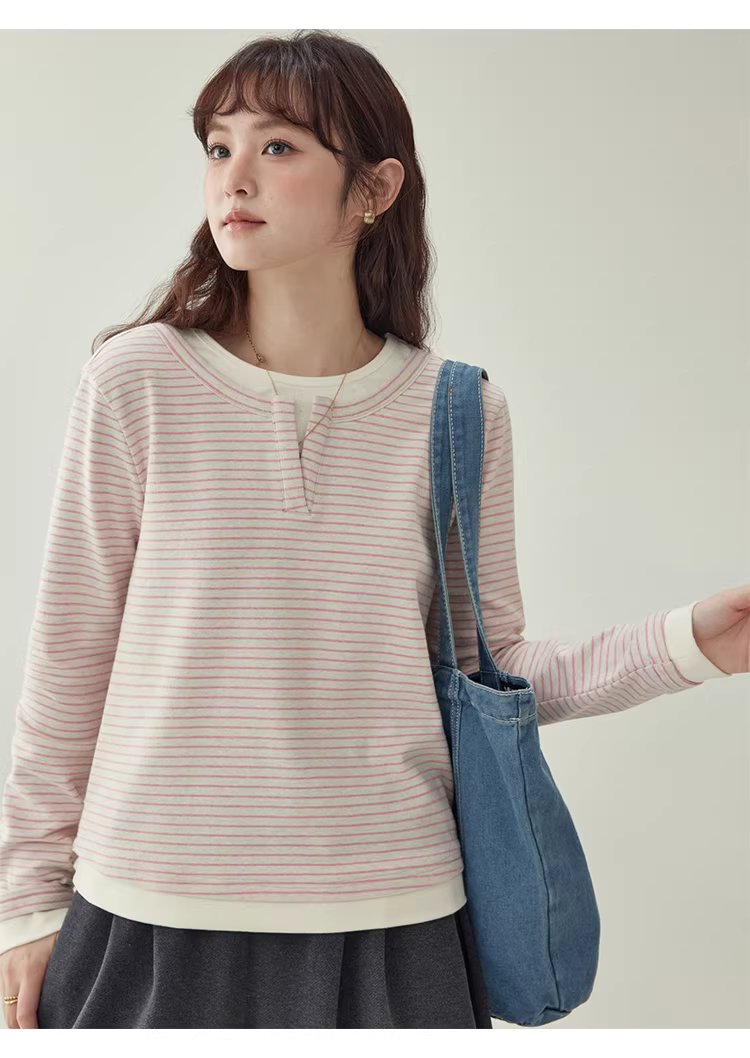 假兩件粉條紋長袖T恤女冬季新款少女感寬鬆上衣,假兩件粉條紋長袖T恤女冬季新款少女感寬鬆上衣,HBEW1197,假兩件粉條紋長袖T恤女冬季新款少女感寬鬆上衣,假兩件式,舒適面料