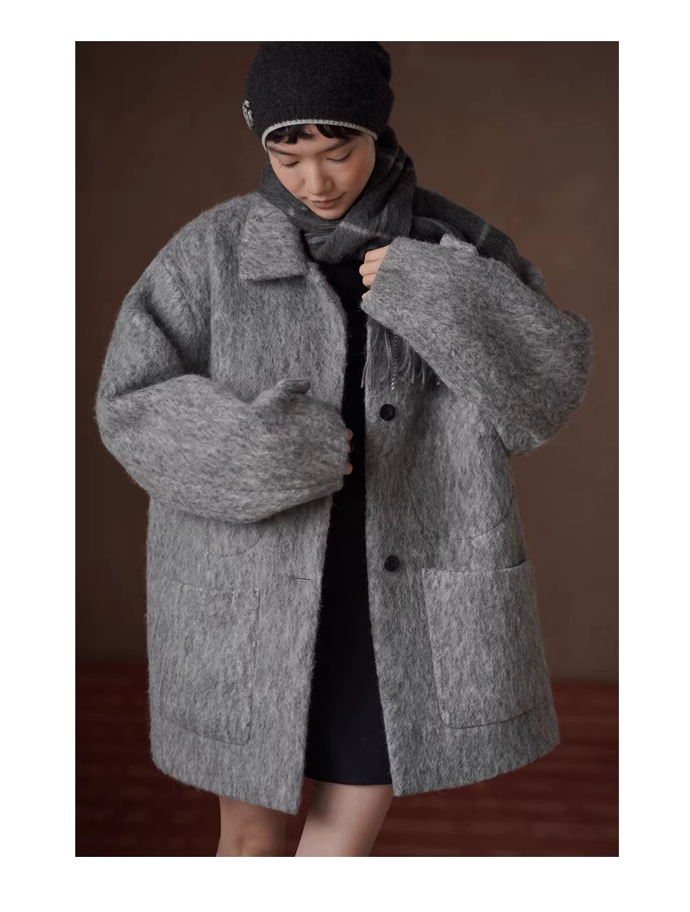 霧嵐星海羊毛混紡雜花灰翻領大衣中長款寬鬆絎棉外套女,霧嵐星海羊毛混紡雜花灰翻領大衣中長款寬鬆絎棉外套女,HBEW5131,霧嵐星海羊毛混紡雜花灰翻領大衣中長款寬鬆絎棉外套女,翻領排扣,羊毛混紡