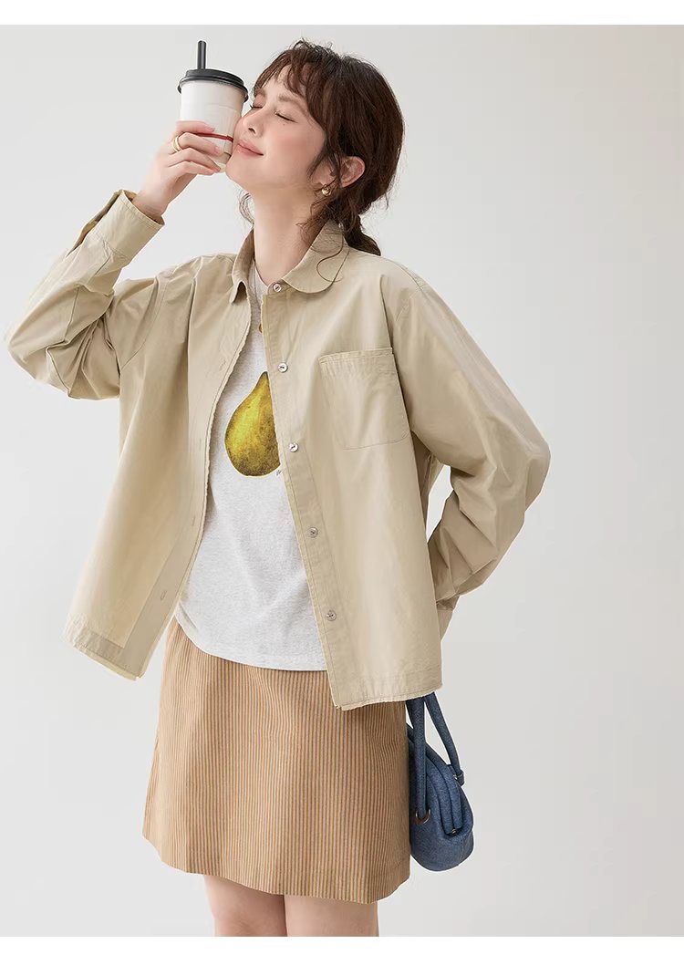 設計感拼接小毛邊襯衫女春季新娃娃領紐扣上衣,設計感拼接小毛邊襯衫女春季新娃娃領紐扣上衣,HBFS1001,設計感拼接小毛邊襯衫女春季新娃娃領紐扣上衣,翻領排扣,棉麻材質