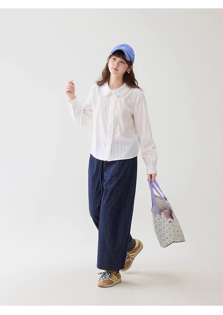 肌理感木耳邊娃娃領襯衫女春季新款純棉長袖上衣,肌理感木耳邊娃娃領襯衫女春季新款純棉長袖上衣,HBFS1003,肌理感木耳邊娃娃領襯衫女春季新款純棉長袖上衣,娃娃領,全棉面料