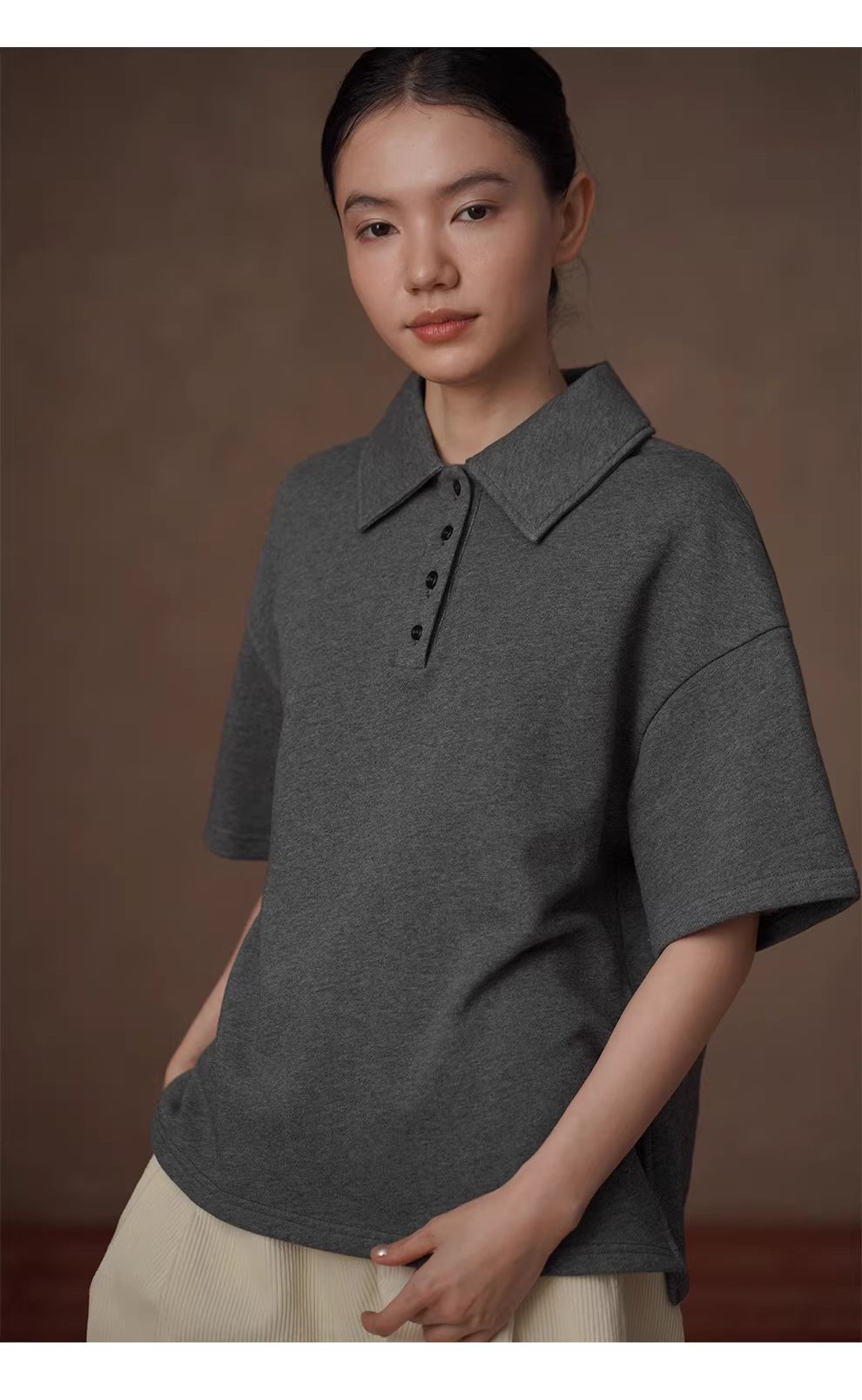 古經典休閒碰撞Polo領寬鬆顯瘦100棉花灰落肩短袖上衣,古經典休閒碰撞Polo領寬鬆顯瘦100棉花灰落肩短袖上衣,HBFS1013,古經典休閒碰撞Polo領寬鬆顯瘦100棉花灰落肩短袖上衣,親膚舒適,俐落隨性