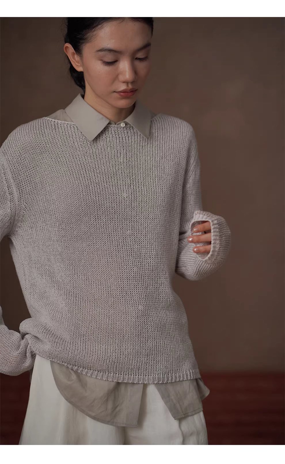 朦朧水霧進口及紙紗透氣針織紙片人寬鬆顯瘦一字領罩衫,朦朧水霧進口及紙紗透氣針織紙片人寬鬆顯瘦一字領罩衫,HBFS1014,朦朧水霧進口及紙紗透氣針織紙片人寬鬆顯瘦一字領罩衫,舒適透氣,寬鬆顯瘦