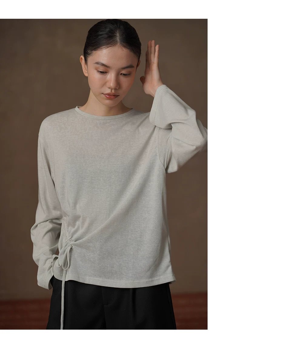 桑蠶絲亞麻棉清透涼爽下擺抽繩圓領寬鬆顯瘦長袖上衣女,桑蠶絲亞麻棉清透涼爽下擺抽繩圓領寬鬆顯瘦長袖上衣女,HBFS1020,桑蠶絲亞麻棉清透涼爽下擺抽繩圓領寬鬆顯瘦長袖上衣女,面料細緻,側縫抽褶