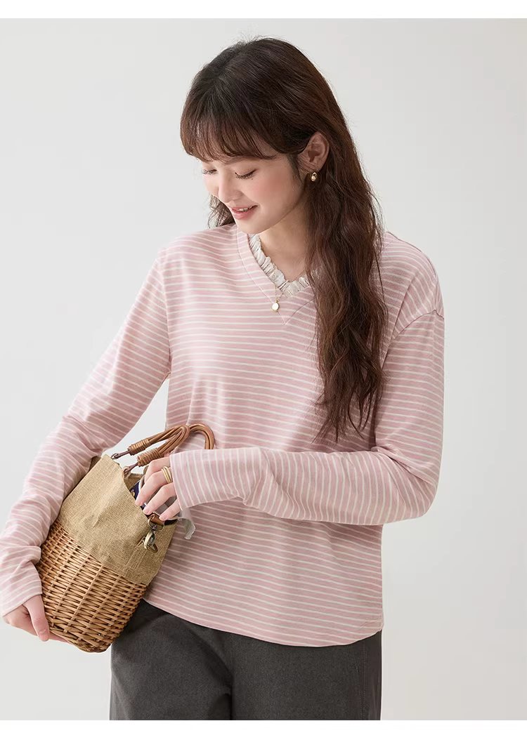 甜美粉紅條紋花邊v領T恤女春季新款寬鬆長袖上衣,甜美粉紅條紋花邊v領T恤女春季新款寬鬆長袖上衣,HBFS1028,甜美粉紅條紋花邊v領T恤女春季新款寬鬆長袖上衣,V領造型,蕾絲花邊