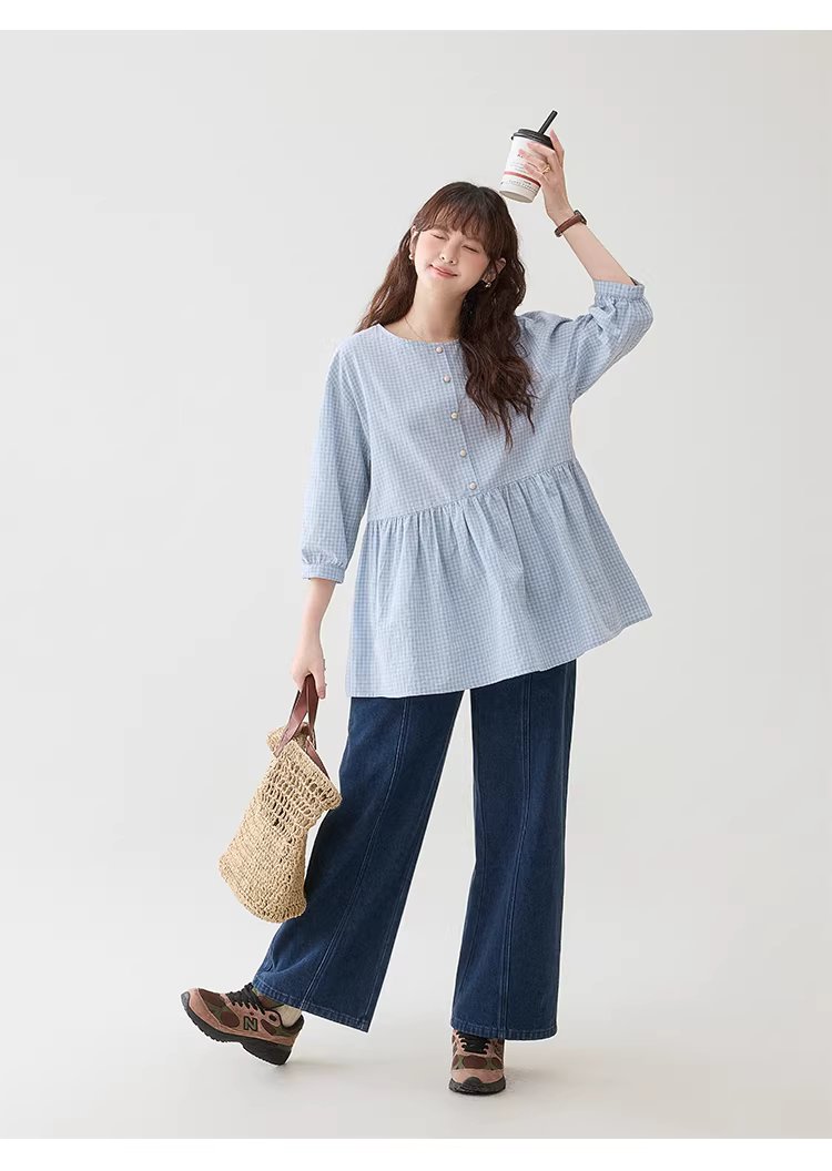 減齡八分袖純棉藍格襯衫女春新款寬鬆娃娃衫上衣,減齡八分袖純棉藍格襯衫女春新款寬鬆娃娃衫上衣,HBFS1039,減齡八分袖純棉藍格襯衫女春新款寬鬆娃娃衫上衣,清新格紋,全棉面料