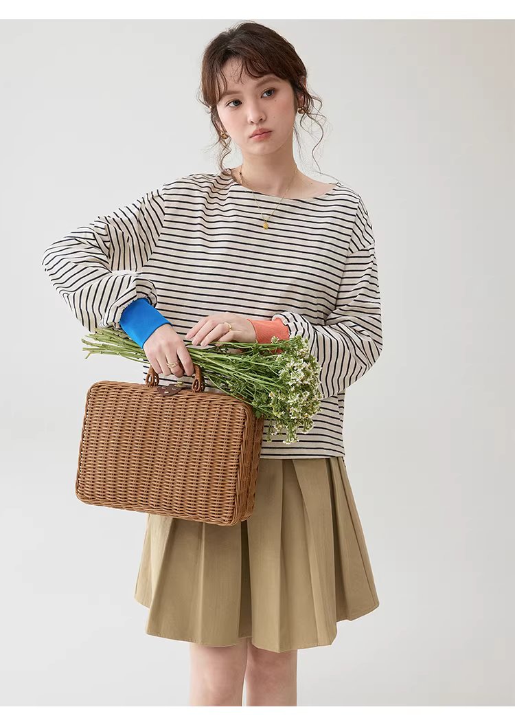 撞色條紋燈籠袖純棉T恤女春季新款寬鬆百搭上衣,撞色條紋燈籠袖純棉T恤女春季新款寬鬆百搭上衣,HBFS1042,撞色條紋燈籠袖純棉T恤女春季新款寬鬆百搭上衣,撞色拼接,全棉面料