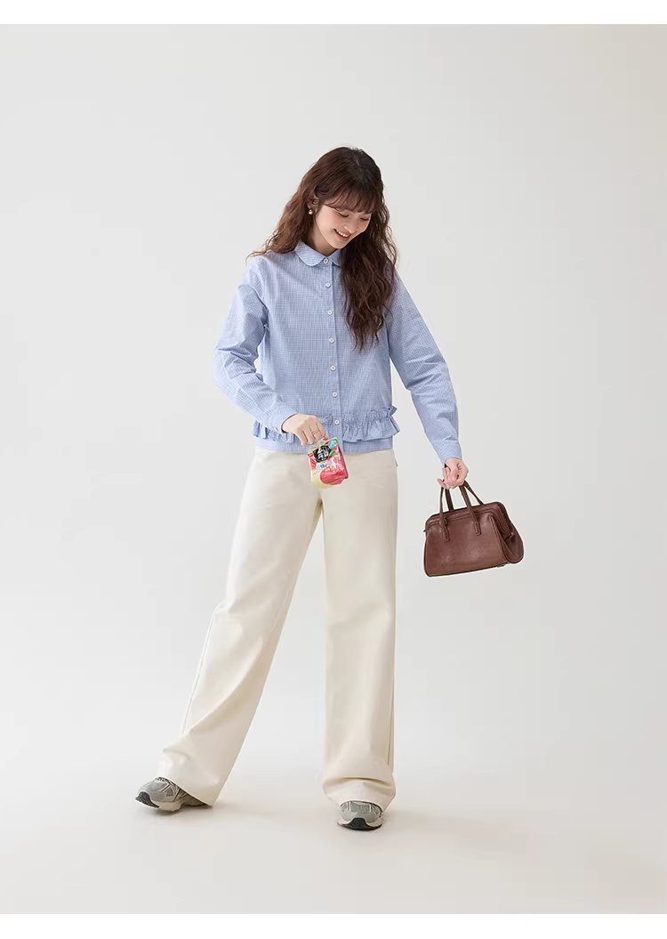 藍格荷葉邊娃娃領襯衫女春季新款純棉長袖短上衣,藍格荷葉邊娃娃領襯衫女春季新款純棉長袖短上衣,HBFS1049,藍格荷葉邊娃娃領襯衫女春季新款純棉長袖短上衣,荷葉衣襬,全棉面料