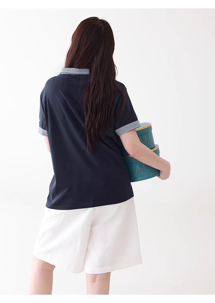 拼接格紋綁帶領短袖T恤女夏季新款時尚減齡上衣,拼接格紋綁帶領短袖T恤女夏季新款時尚減齡上衣,HBFS1053,拼接格紋綁帶領短袖T恤女夏季新款時尚減齡上衣,領結造型,舒適面料