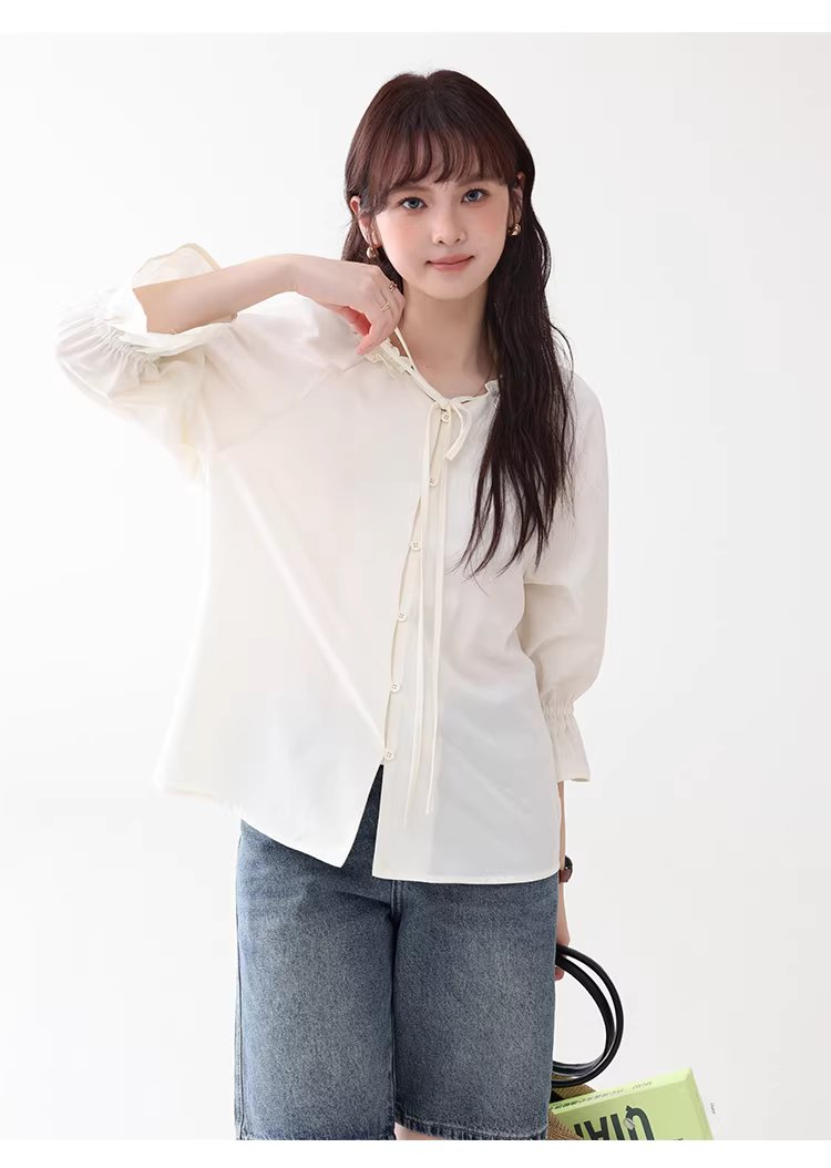 法式木耳邊綁帶V領襯衫女夏新款七分袖羈扣上衣,法式木耳邊綁帶V領襯衫女夏新款七分袖羈扣上衣,HBFS1055,法式木耳邊綁帶V領襯衫女夏新款七分袖羈扣上衣,法式甜美,木耳邊