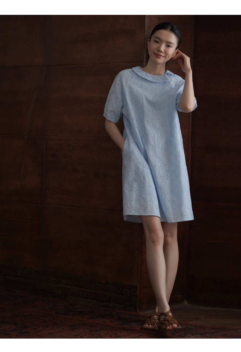 重工鏤空立體浮雕刺繡高支100棉翻領寬鬆直筒顯瘦洋裝,重工鏤空立體浮雕刺繡高支100棉翻領寬鬆直筒顯瘦洋裝,HBFS7084,重工鏤空立體浮雕刺繡高支100棉翻領寬鬆直筒顯瘦洋裝,簍空刺繡,泡泡袖
