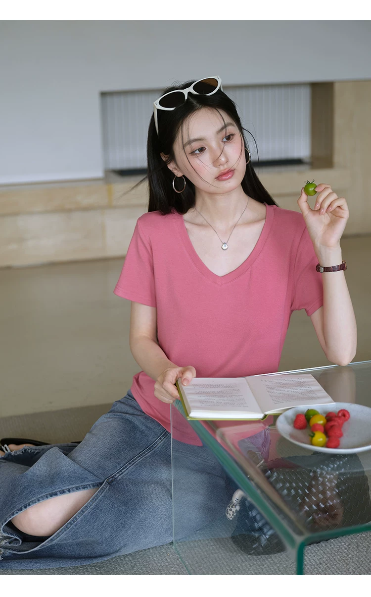 胖mm大尺碼女裝基本款V領短袖T恤夏裝女多巴胺穿搭玫紅色上衣,胖mm大尺碼女裝基本款V領短袖T恤夏裝女多巴胺穿搭玫紅色上衣,HBFS1166,胖mm大尺碼女裝基本款V領短袖T恤夏裝女多巴胺穿搭玫紅色上衣,V領造型,舒適好穿