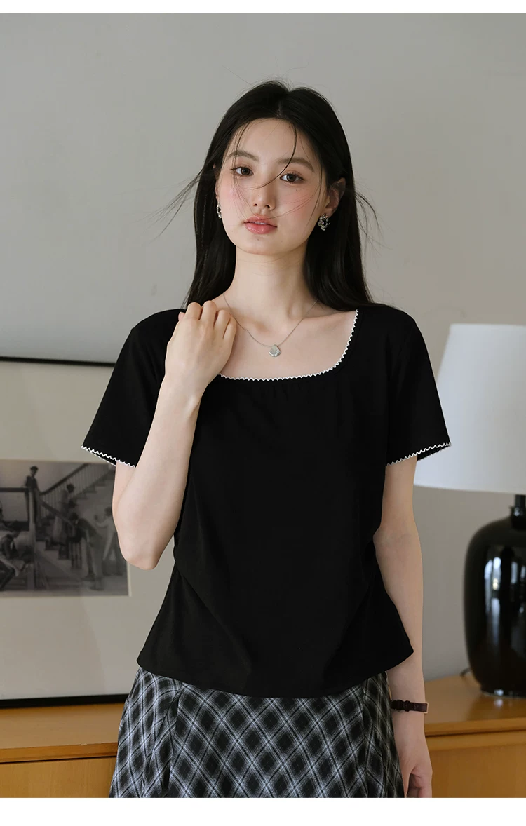胖mm大尺碼女裝方領正肩短袖T恤女2026新款夏季法式黑色上衣,胖mm大尺碼女裝方領正肩短袖T恤女2026新款夏季法式黑色上衣,HBFS1167,胖mm大尺碼女裝方領正肩短袖T恤女2026新款夏季法式黑色上衣,方領設計,撞色拼接