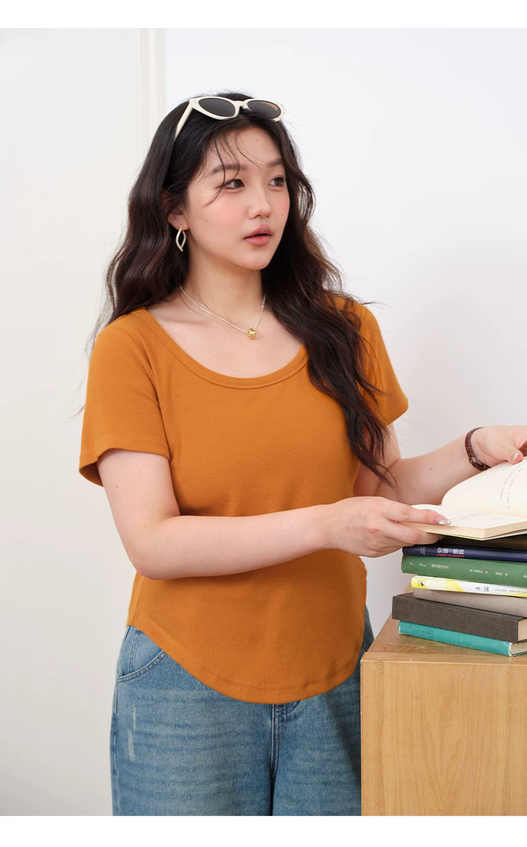 大尺碼簡約基本款短袖橘色T恤女夏上衣,HBFS1184,大尺碼簡約基本款短袖橘色T恤女夏上衣,基本百搭,舒適好穿,圓弧衣襬