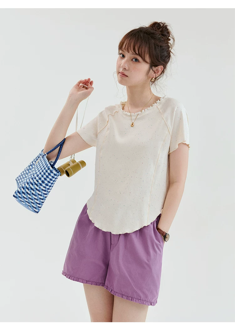 不規則花邊領彩點T恤女夏新款弧形下擺短袖上衣,不規則花邊領彩點T恤女夏新款弧形下擺短袖上衣,HBFS1250,不規則花邊領彩點T恤女夏新款弧形下擺短袖上衣,木耳邊,彩點面料
