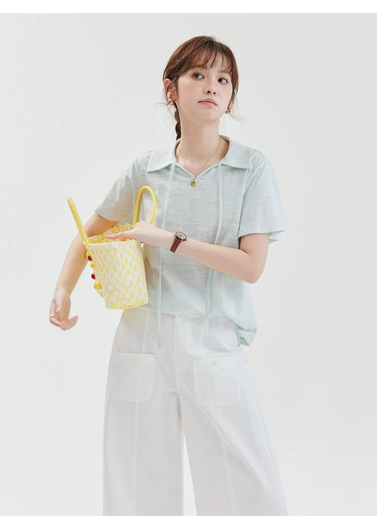 純色繫帶翻v領喇叭袖T恤女夏季新款時尚寬鬆上衣,純色繫帶翻v領喇叭袖T恤女夏季新款時尚寬鬆上衣,HBFS1278,純色繫帶翻v領喇叭袖T恤女夏季新款時尚寬鬆上衣,繫繩設計,半開翻領