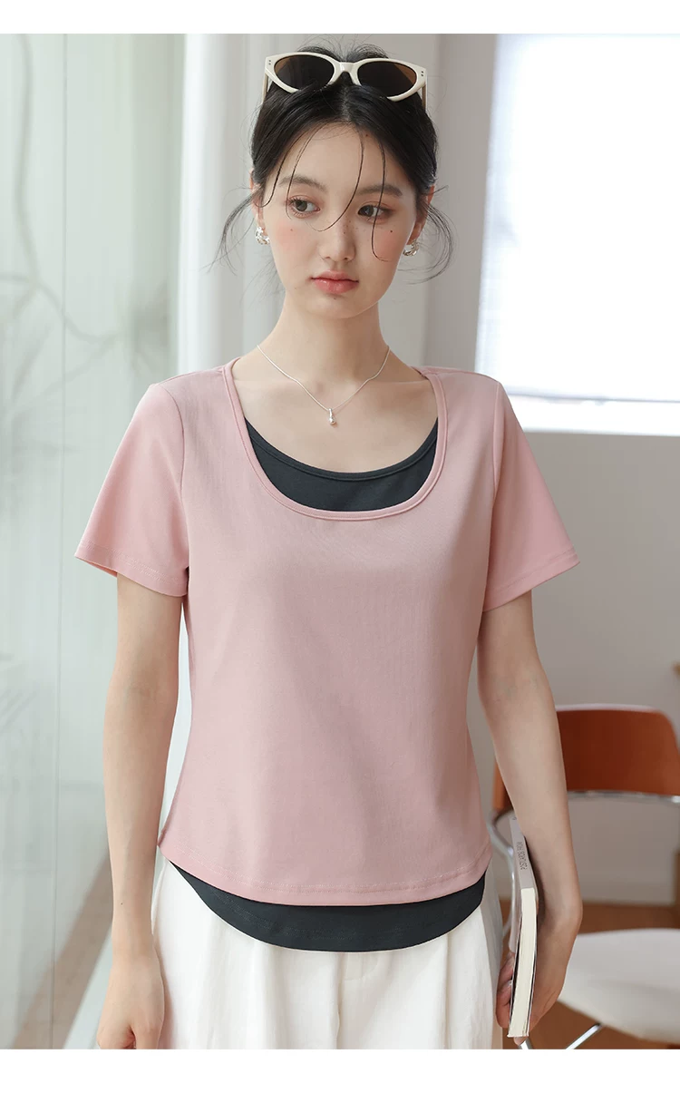 大尺碼粉紅短袖T恤女2026全新夏裝微胖巨好看假兩件u領上衣女,大尺碼粉紅短袖T恤女2026全新夏裝微胖巨好看假兩件u領上衣女,HBFS1295,大尺碼粉紅短袖T恤女2026全新夏裝微胖巨好看假兩件u領上衣女,中大尺碼,天絲混棉