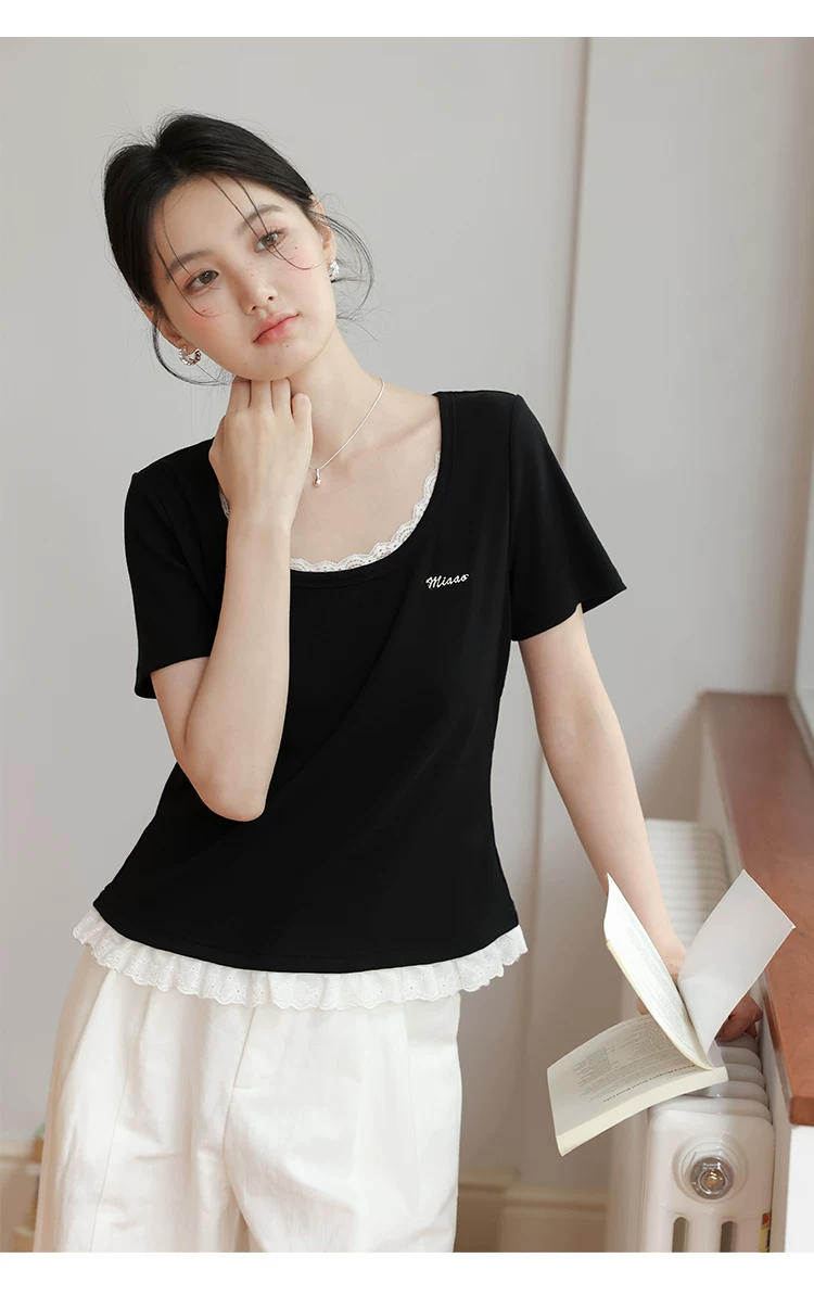 大尺碼女裝黑色短袖T恤女夏2026新款顯瘦拼接蕾絲花邊u領上衣,大尺碼女裝黑色短袖T恤女夏2026新款顯瘦拼接蕾絲花邊u領上衣,HBFS1296,大尺碼女裝黑色短袖T恤女夏2026新款顯瘦拼接蕾絲花邊u領上衣,中大尺碼,蕾絲拼接