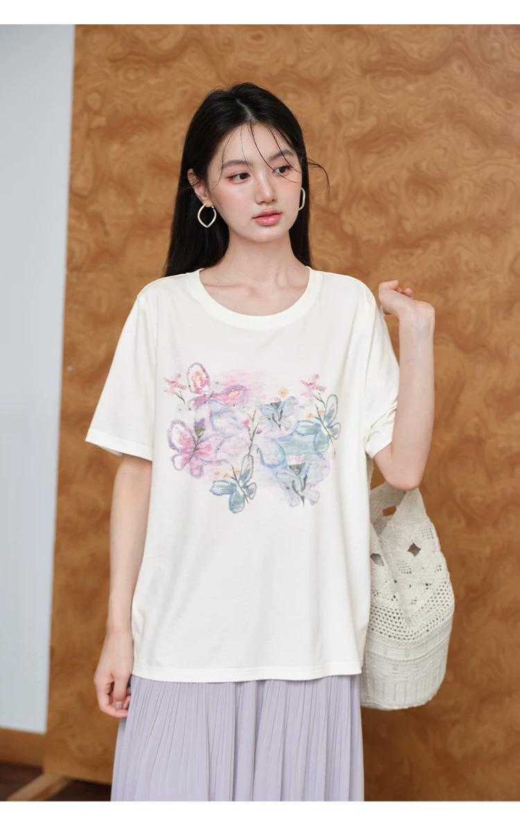 大尺寸胖mm夏裝蝴蝶印花白色短袖T恤女2026新款寬鬆正肩上衣,大尺寸胖mm夏裝蝴蝶印花白色短袖T恤女2026新款寬鬆正肩上衣,HBFS1315,大尺寸胖mm夏裝蝴蝶印花白色短袖T恤女2026新款寬鬆正肩上衣,中大尺碼,文青印花