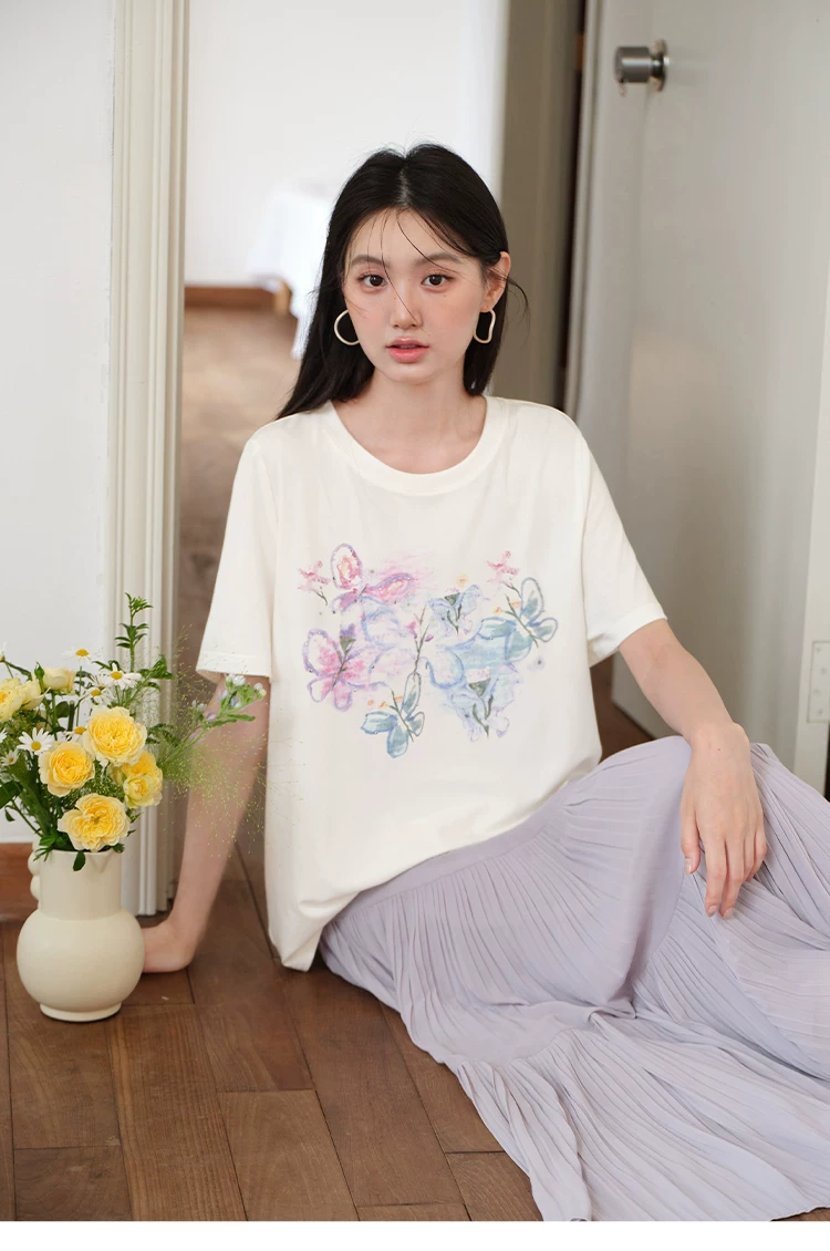 大尺寸胖mm夏裝蝴蝶印花白色短袖T恤女2026新款寬鬆正肩上衣,大尺寸胖mm夏裝蝴蝶印花白色短袖T恤女2026新款寬鬆正肩上衣,HBFS1315,大尺寸胖mm夏裝蝴蝶印花白色短袖T恤女2026新款寬鬆正肩上衣,中大尺碼,文青印花