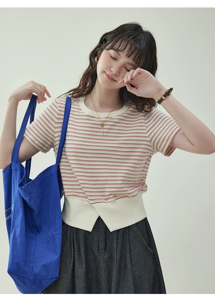 甜美條紋收腰短T恤女夏季新款開叉短袖上衣,甜美條紋收腰短T恤女夏季新款開叉短袖上衣,HBFS1359,甜美條紋收腰短T恤女夏季新款開叉短袖上衣,開衩造型,短款版型
