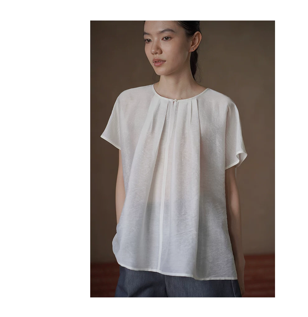 唯美飄逸萊賽爾亞麻混紡壓褶A字寬鬆圓領短袖顯瘦襯衫女,唯美飄逸萊賽爾亞麻混紡壓褶A字寬鬆圓領短袖顯瘦襯衫女,HBFS1368,唯美飄逸萊賽爾亞麻混紡壓褶A字寬鬆圓領短袖顯瘦襯衫女,微透飄逸,領口壓褶