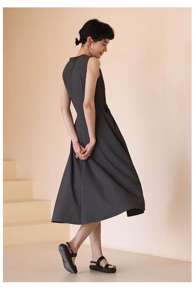 氣質女主高腰線扭結通勤瘦身遮肉連身裙洋裝,長洋裝,洋裝,無袖,輕甜,高雅