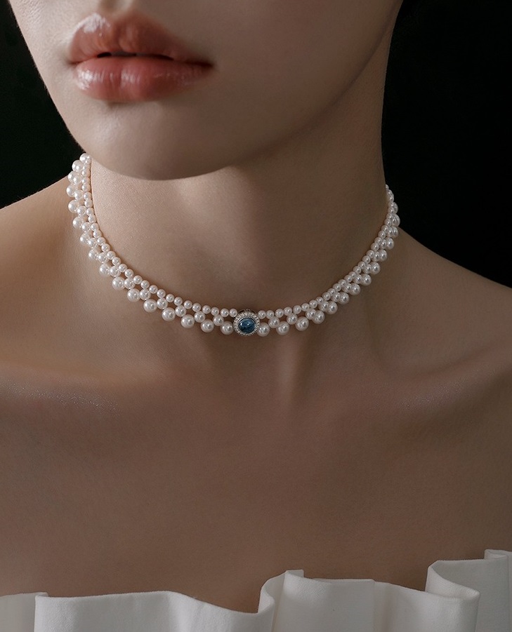 珍珠多層編織項鍊女款高檔氣質海藍寶設計s925純銀頸脖鎖骨鏈