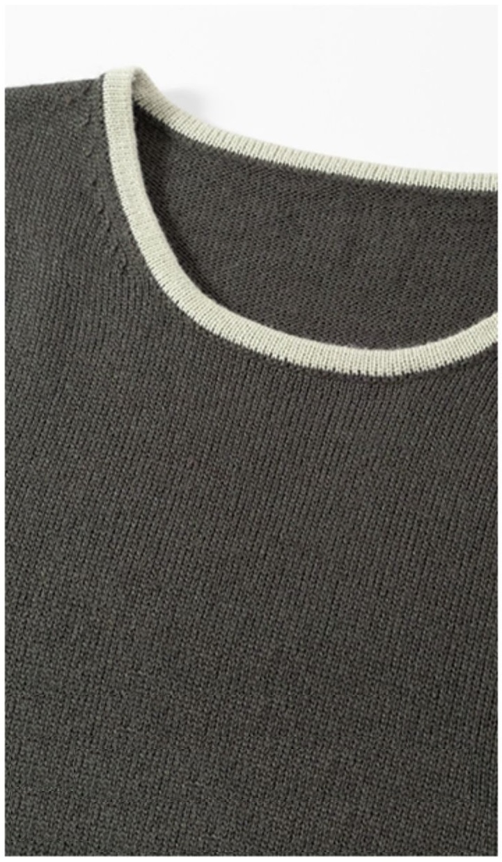 茶色軟糯羊毛撞色領口設計休閒寬鬆通勤針織短袖上衣