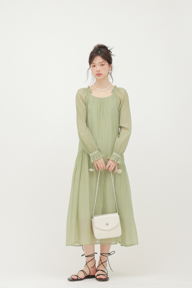 茶歇法式長袖連身裙春裝新品綠色氣質小個子裙子洋裝
