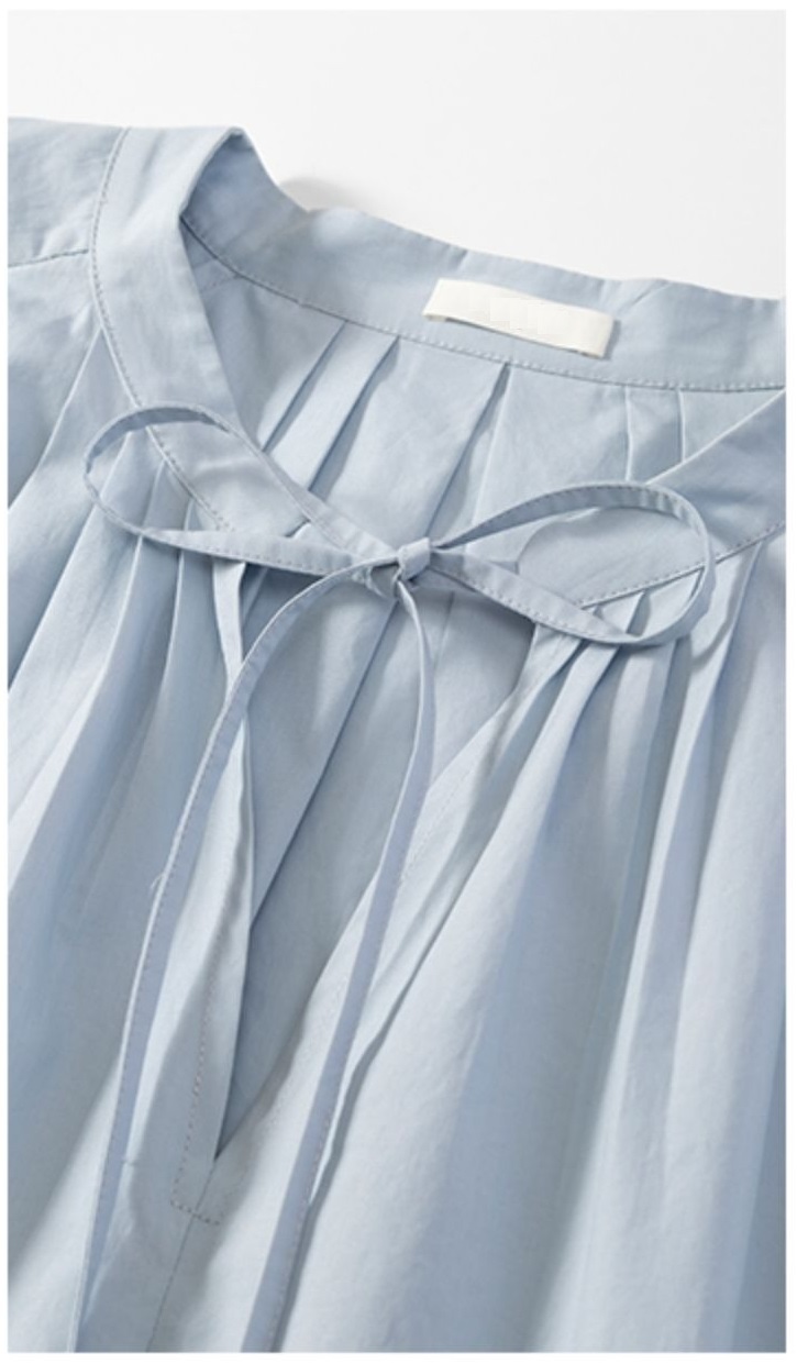 高密抗皺100%棉寬鬆系帶V領遮肉慵懶法式連身裙洋裝