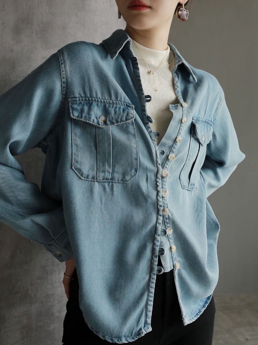 設計感萊賽爾天絲牛仔襯衫女春季單排扣寬鬆休閒V領上衣