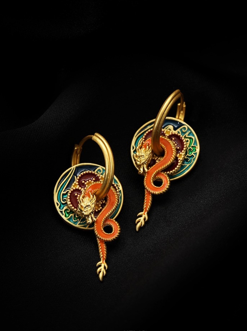 新品中式彩繪龍形祥雲耳環女復古宮廷設計高級一款多戴耳飾