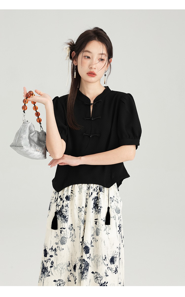 新品中式女裝大尺碼黑色襯衫高級感夏季復古中國風盤扣別緻上衣