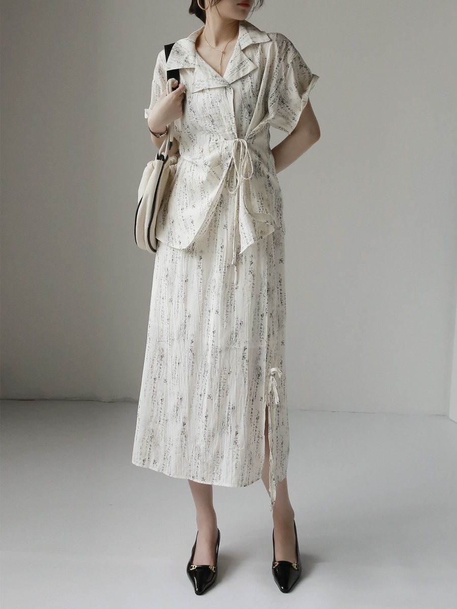 新品中式復古書法印花兩件套裝襯衫垂感壓皺短袖襯衫女裙